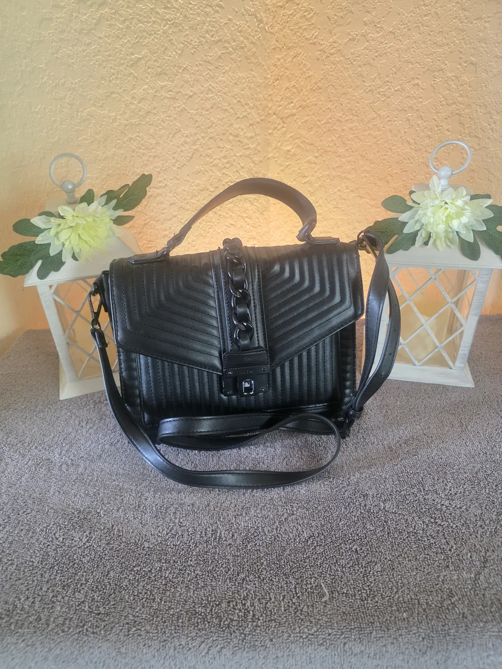 Aldo Black Quilted Top-Handle Satchel with Chain Accent